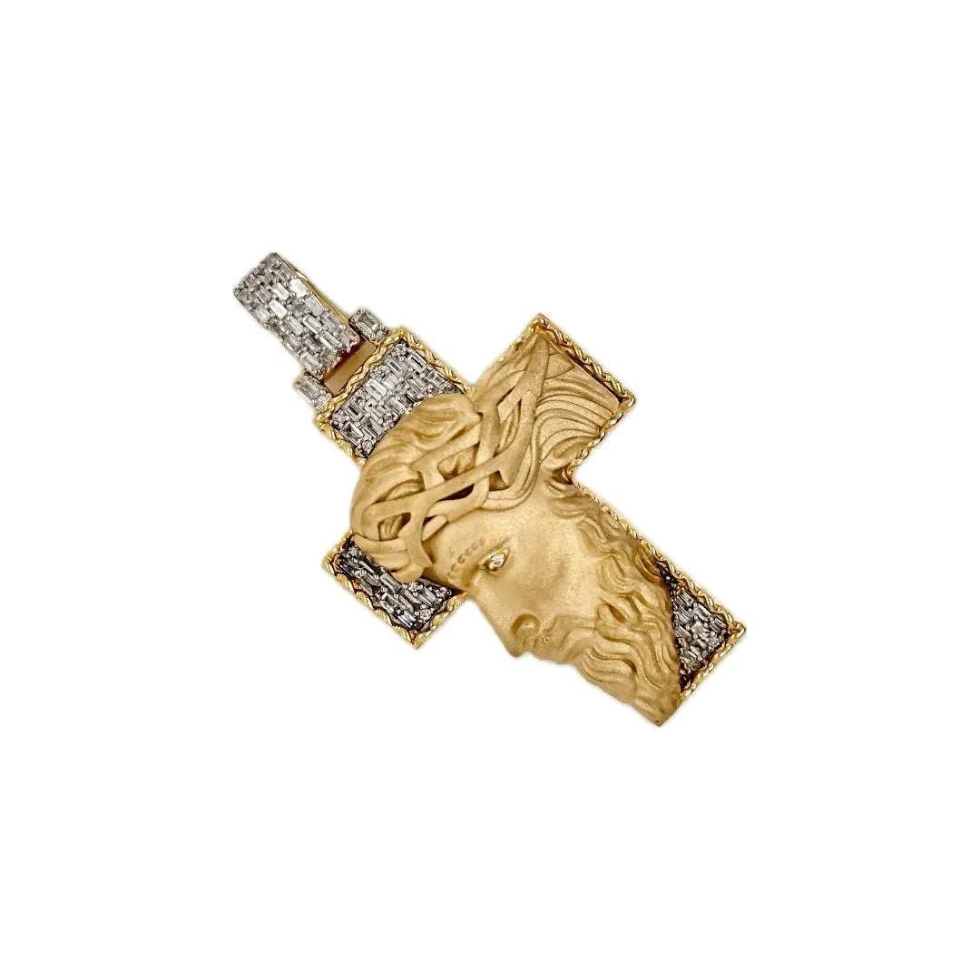 10K Yellow Gold Jesus Head Diamond Cross Pendant 0.69 CT 1.93"