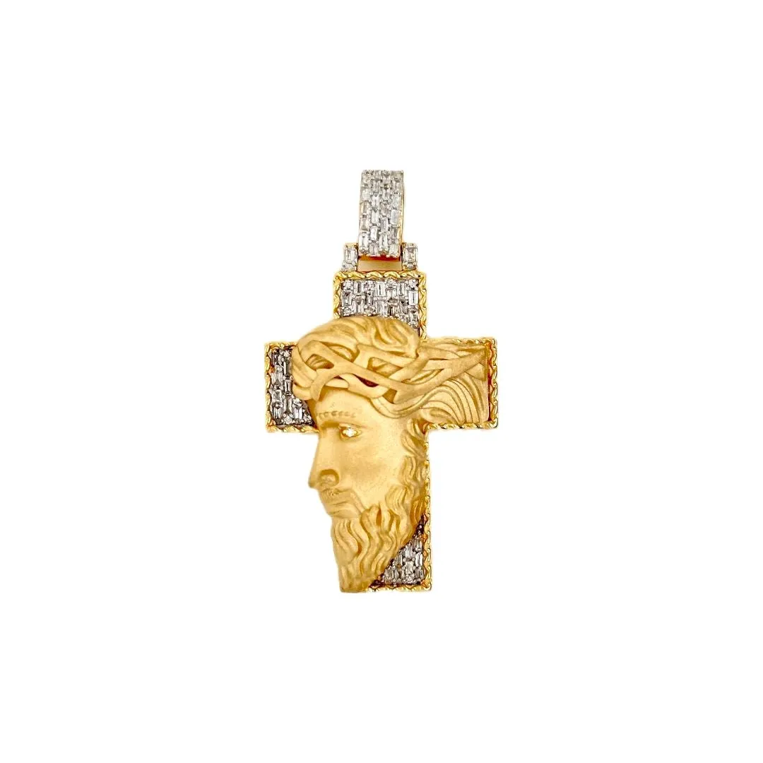 10K Yellow Gold Jesus Head Diamond Cross Pendant 0.69 CT 1.93"