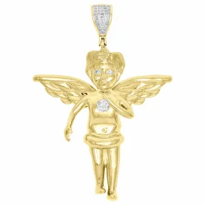 10K Yellow Gold Over Diamond Full Angel Body Pendant 1.90" Mens Pave Charm 1/5CT