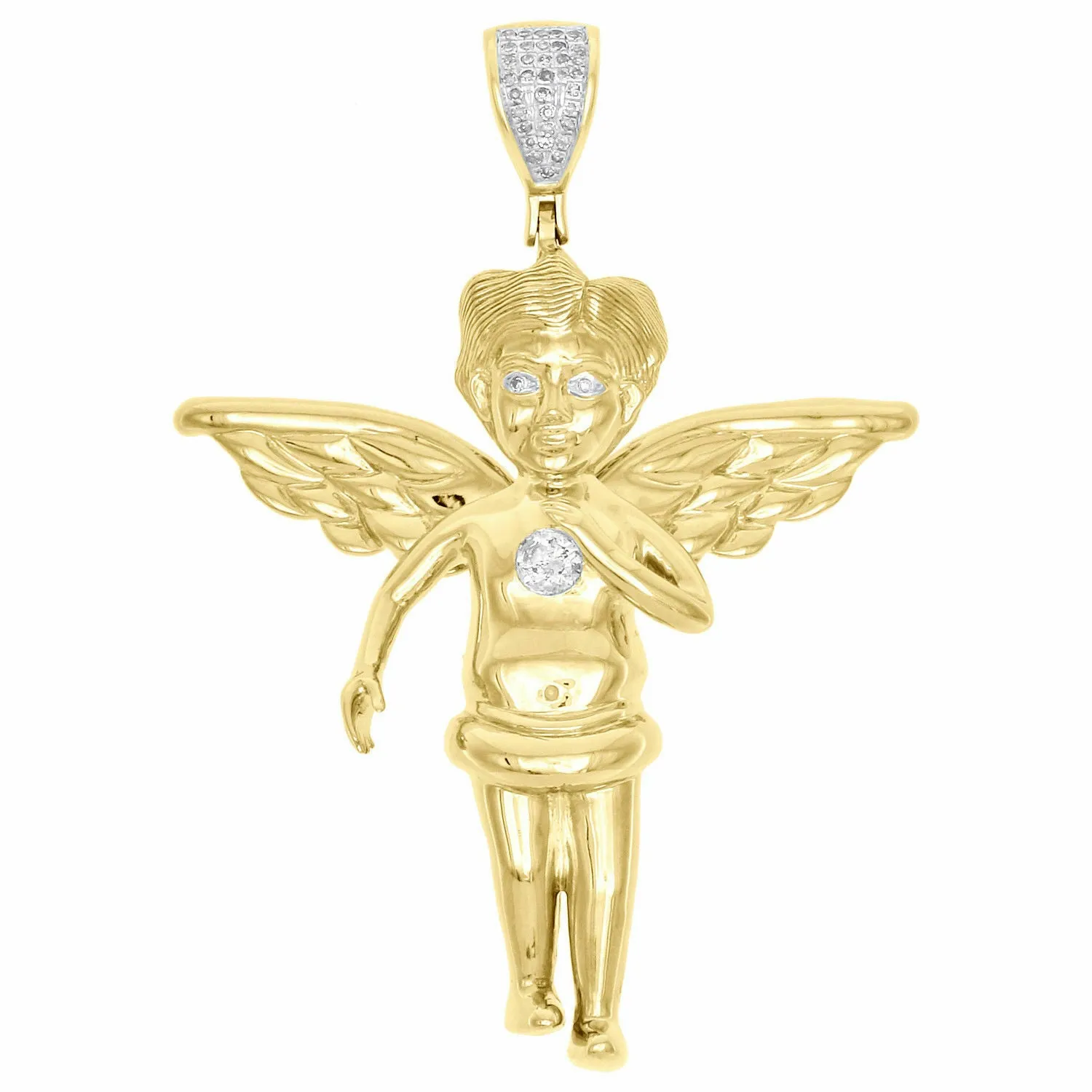 10K Yellow Gold Over Diamond Full Angel Body Pendant 1.90" Mens Pave Charm 1/5CT