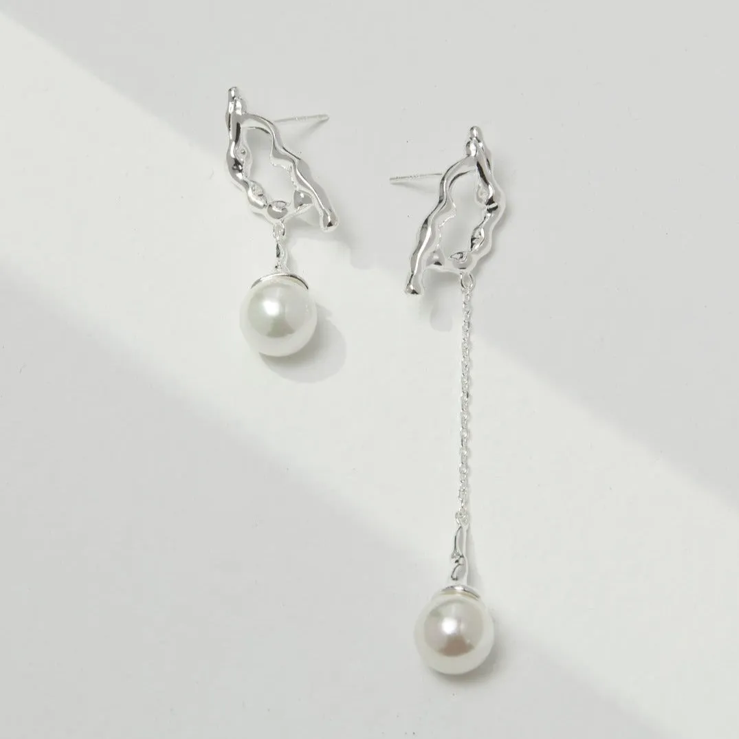 10MM Round Pearl Asymmetric Long Earrings