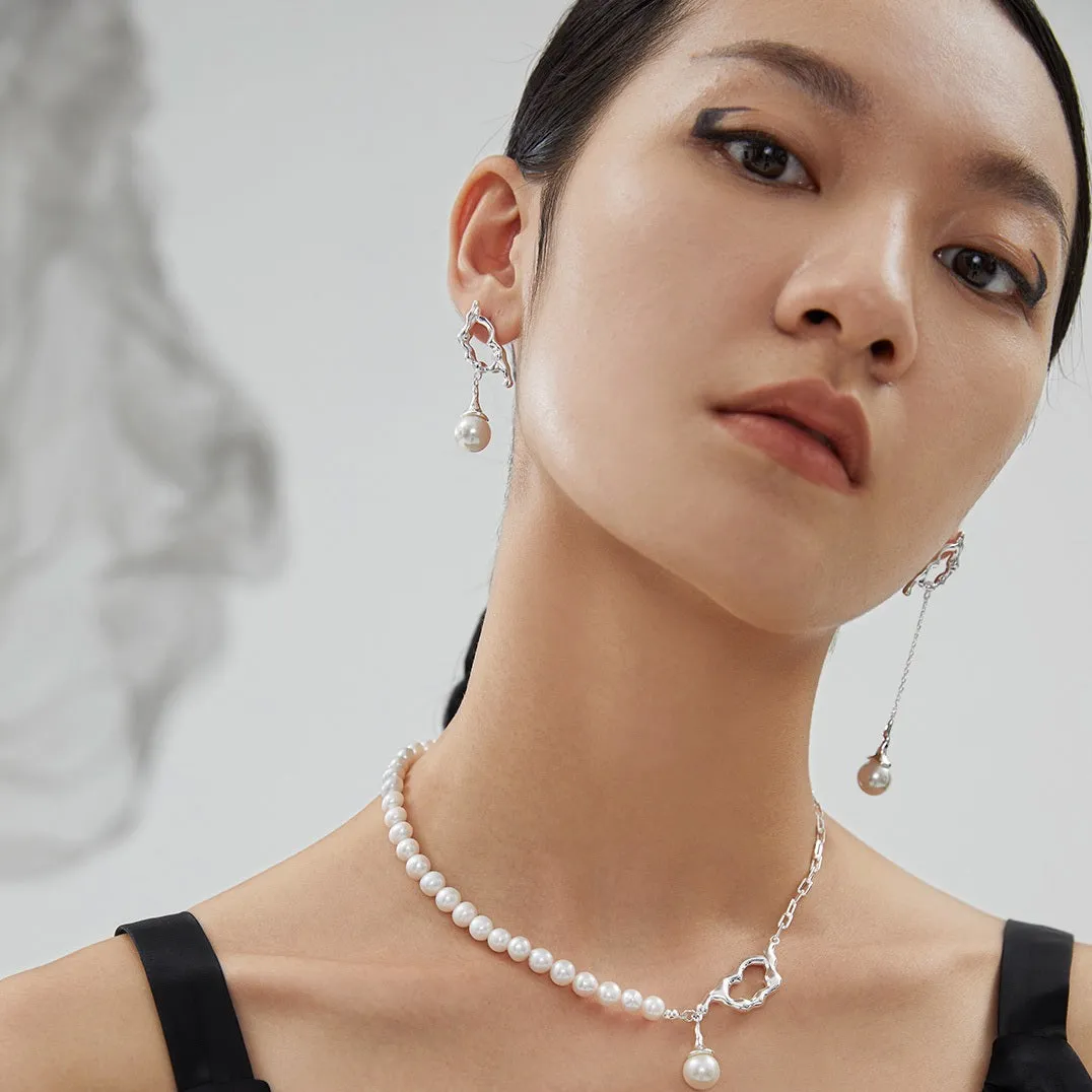 10MM Round Pearl Asymmetric Long Earrings