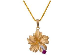 14k 15mm Hibiscus Pendant with 2 Diamonds and Ruby