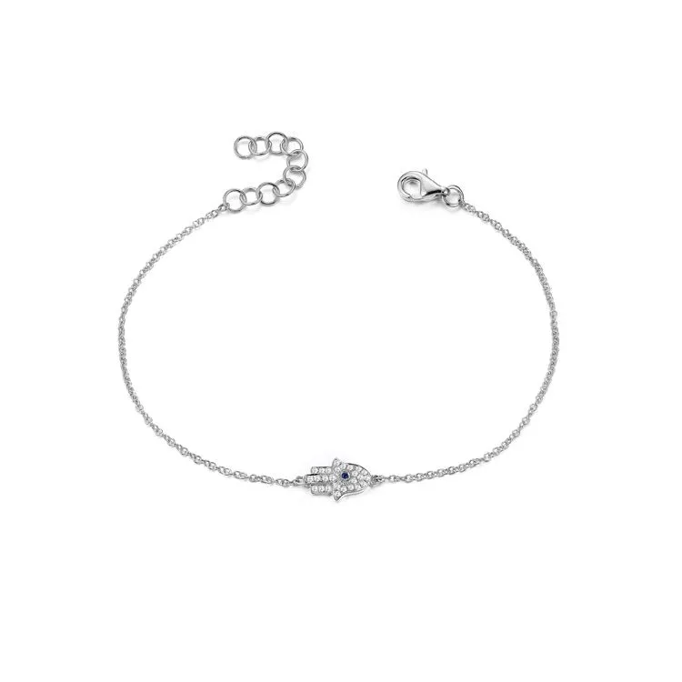 14k Gold 0.01Ct Sapphire, 0.10Ct Diamond Hamsa Bracelet, available in White, Rose and Yellow Gold