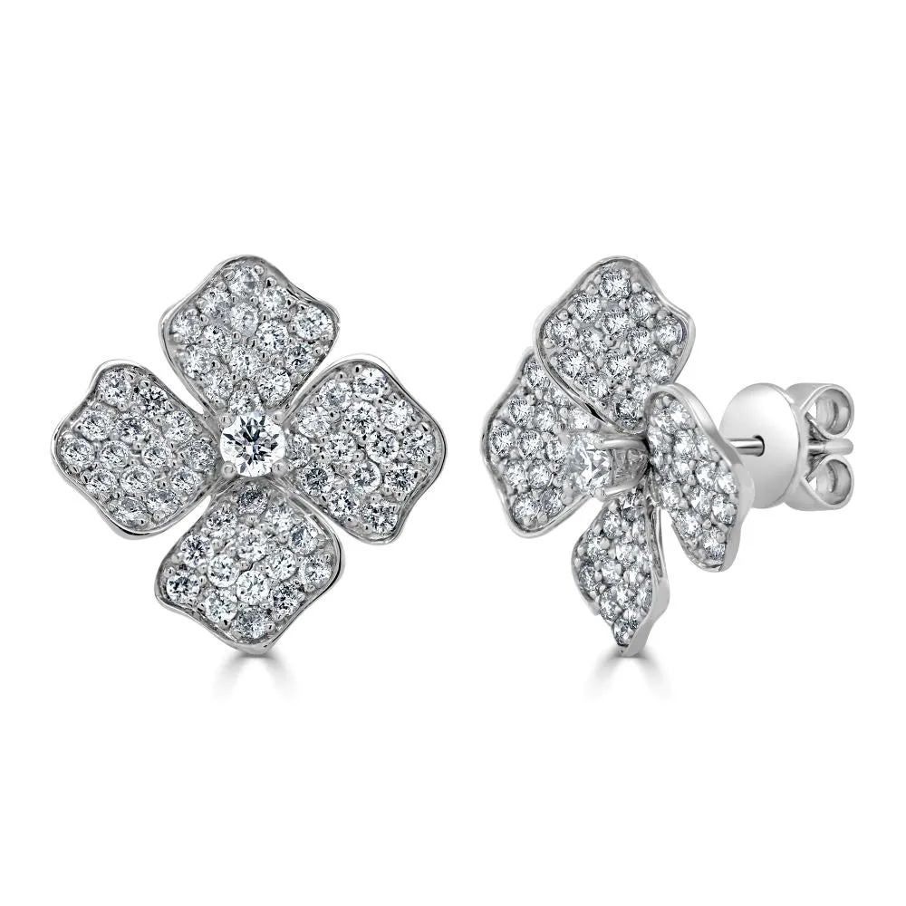 14K Gold & Diamond Flower Stud Earrings - 1.60ct