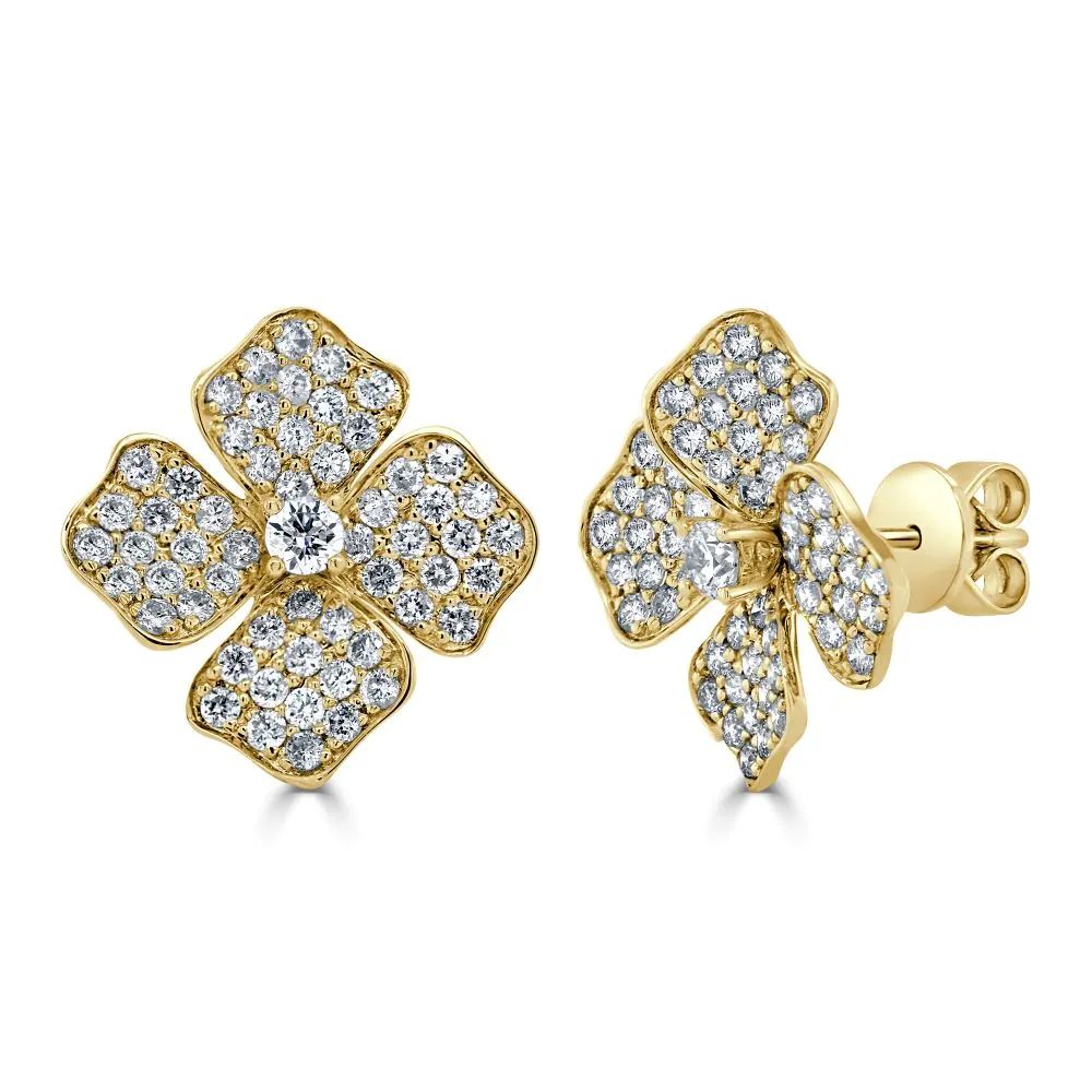 14K Gold & Diamond Flower Stud Earrings - 1.60ct