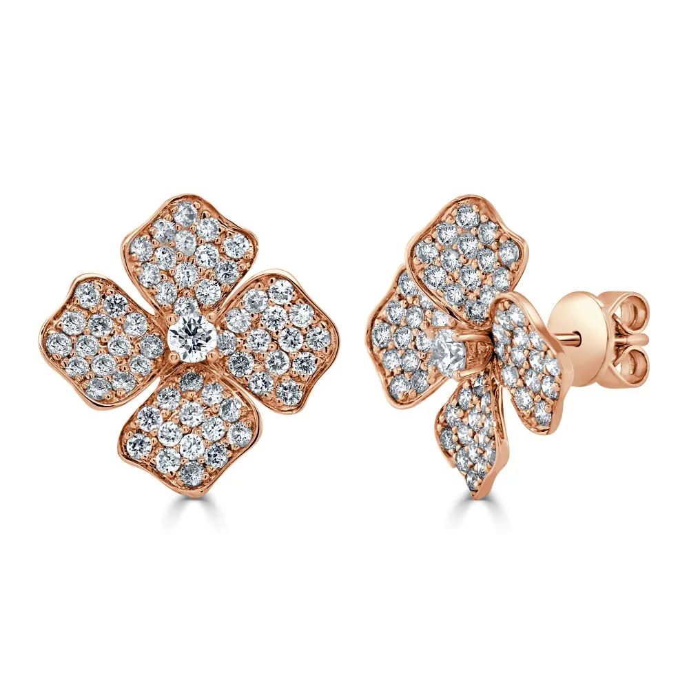 14K Gold & Diamond Flower Stud Earrings - 1.60ct