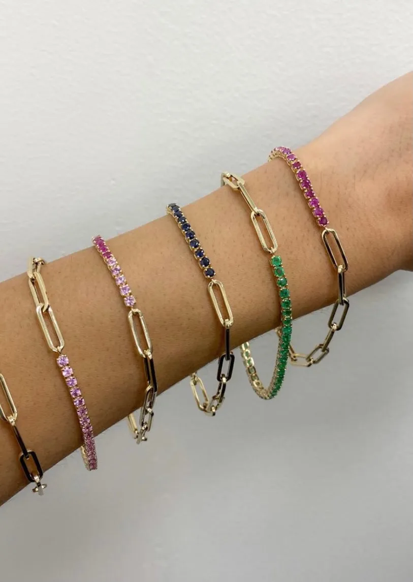 14k Half Gemstone Half Paperclip Bracelet