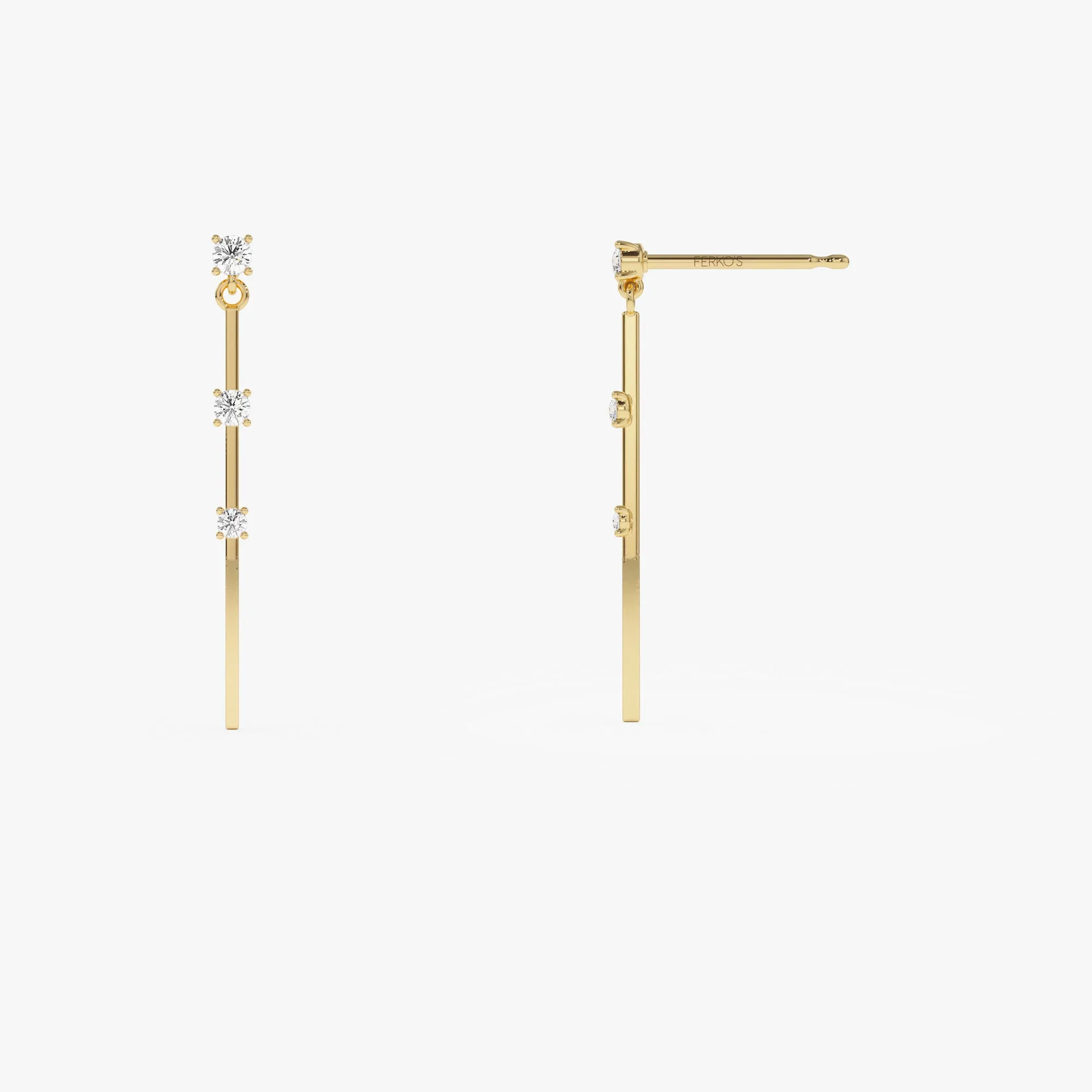 14K Linear Bar Triple Diamond Drop Earrings