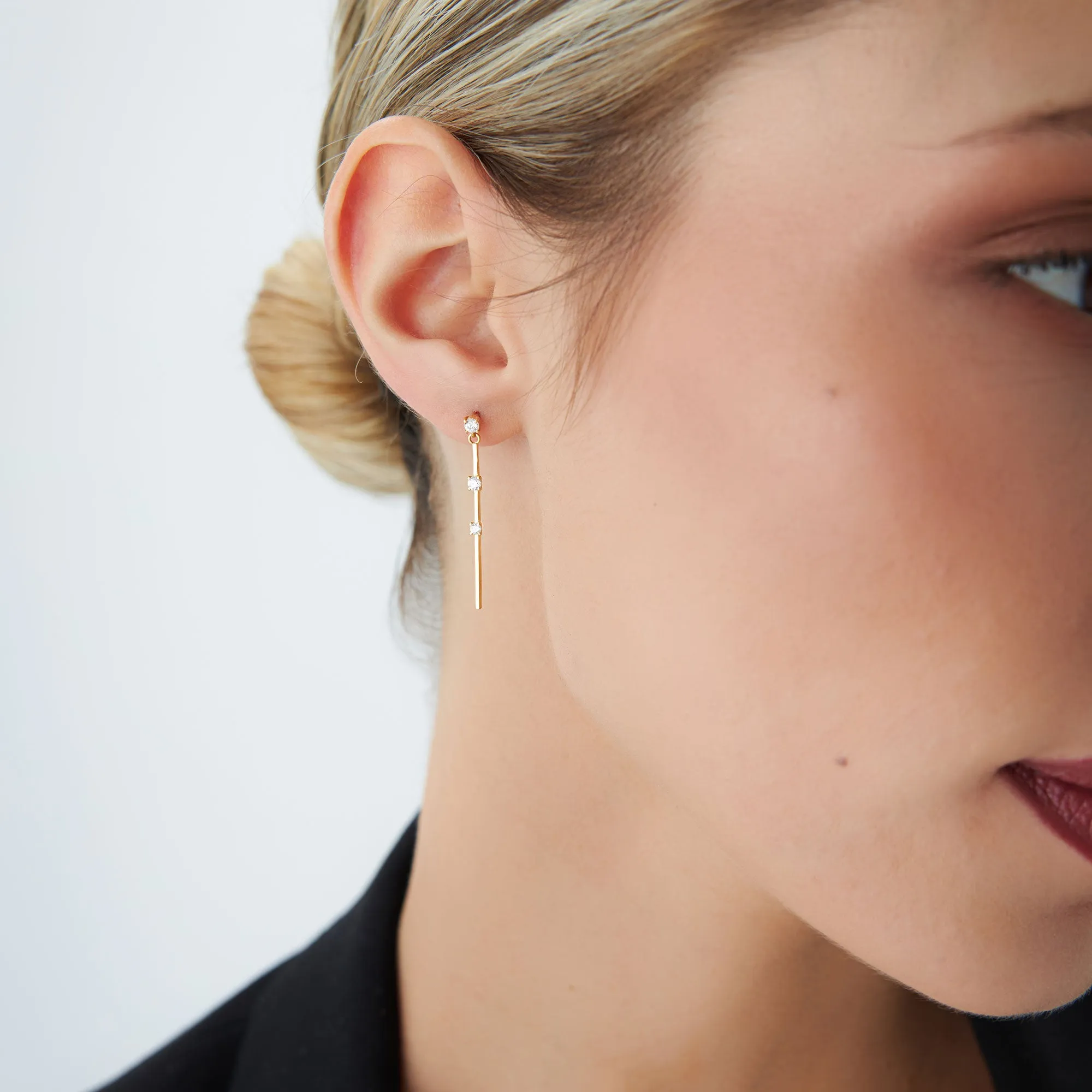 14K Linear Bar Triple Diamond Drop Earrings