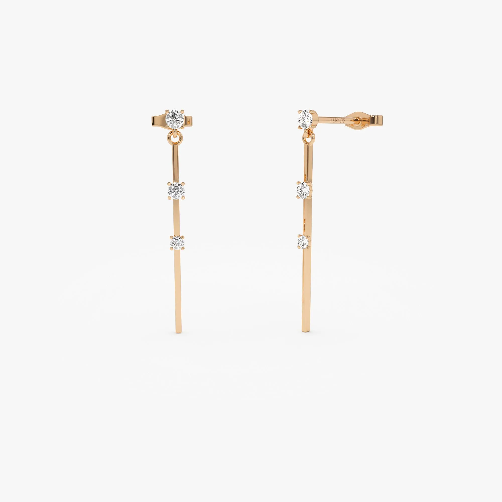 14K Linear Bar Triple Diamond Drop Earrings