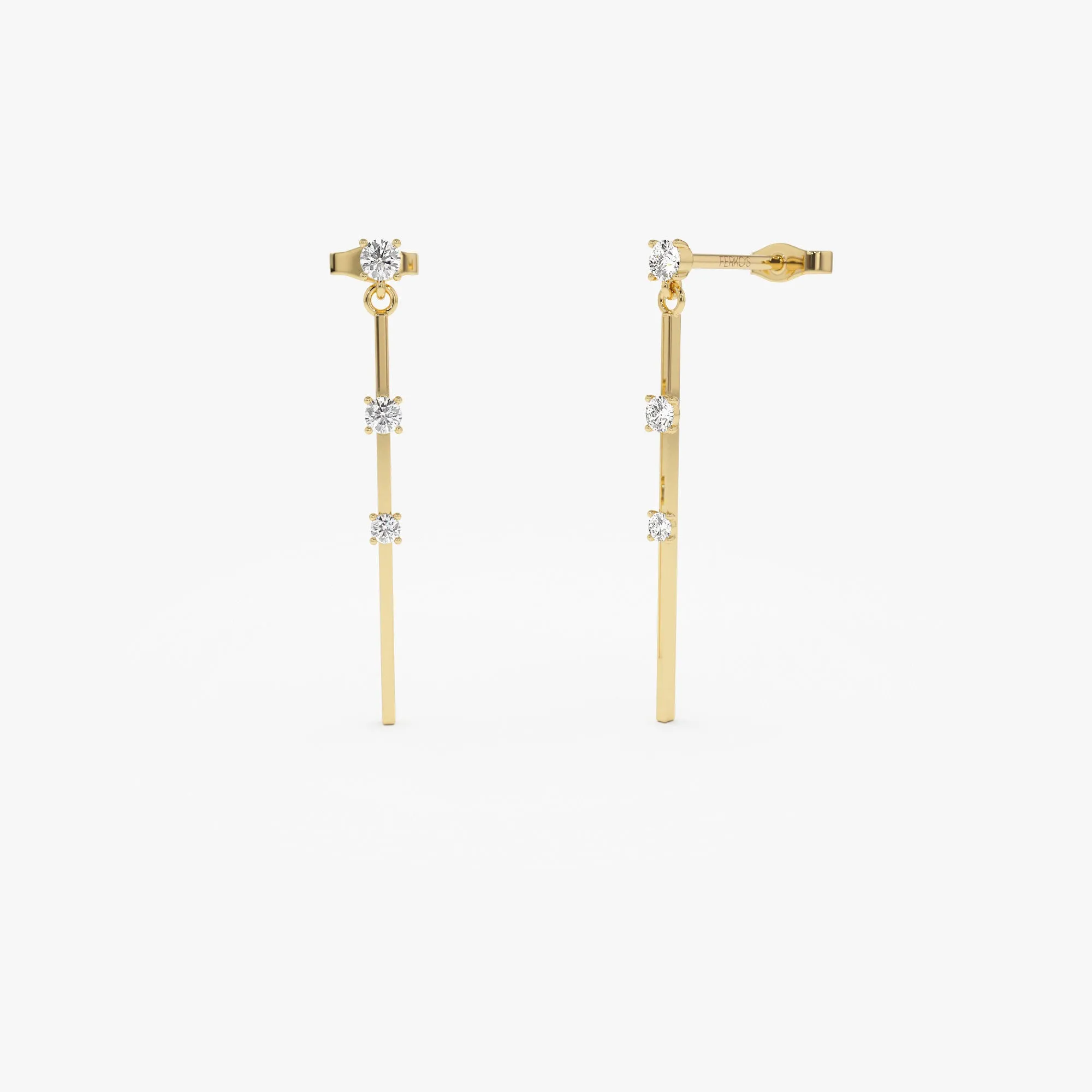 14K Linear Bar Triple Diamond Drop Earrings