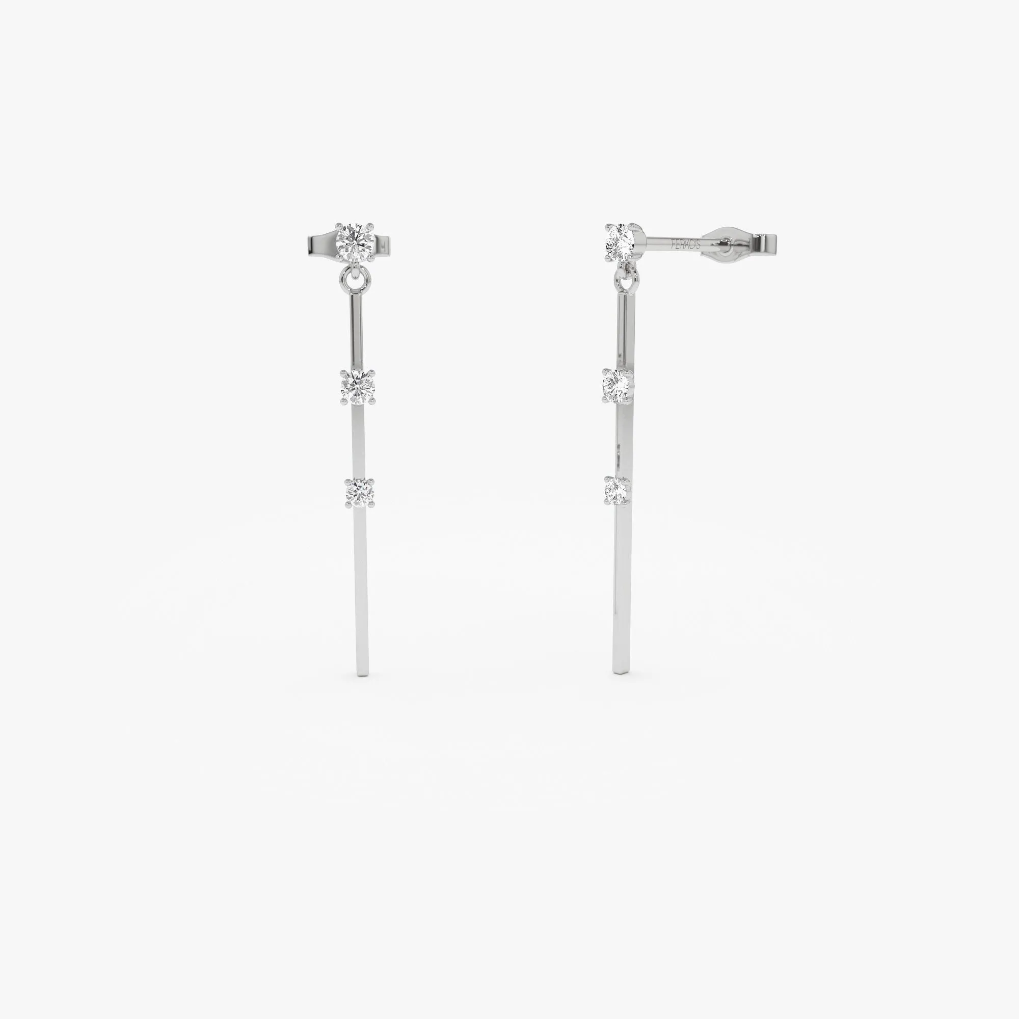 14K Linear Bar Triple Diamond Drop Earrings