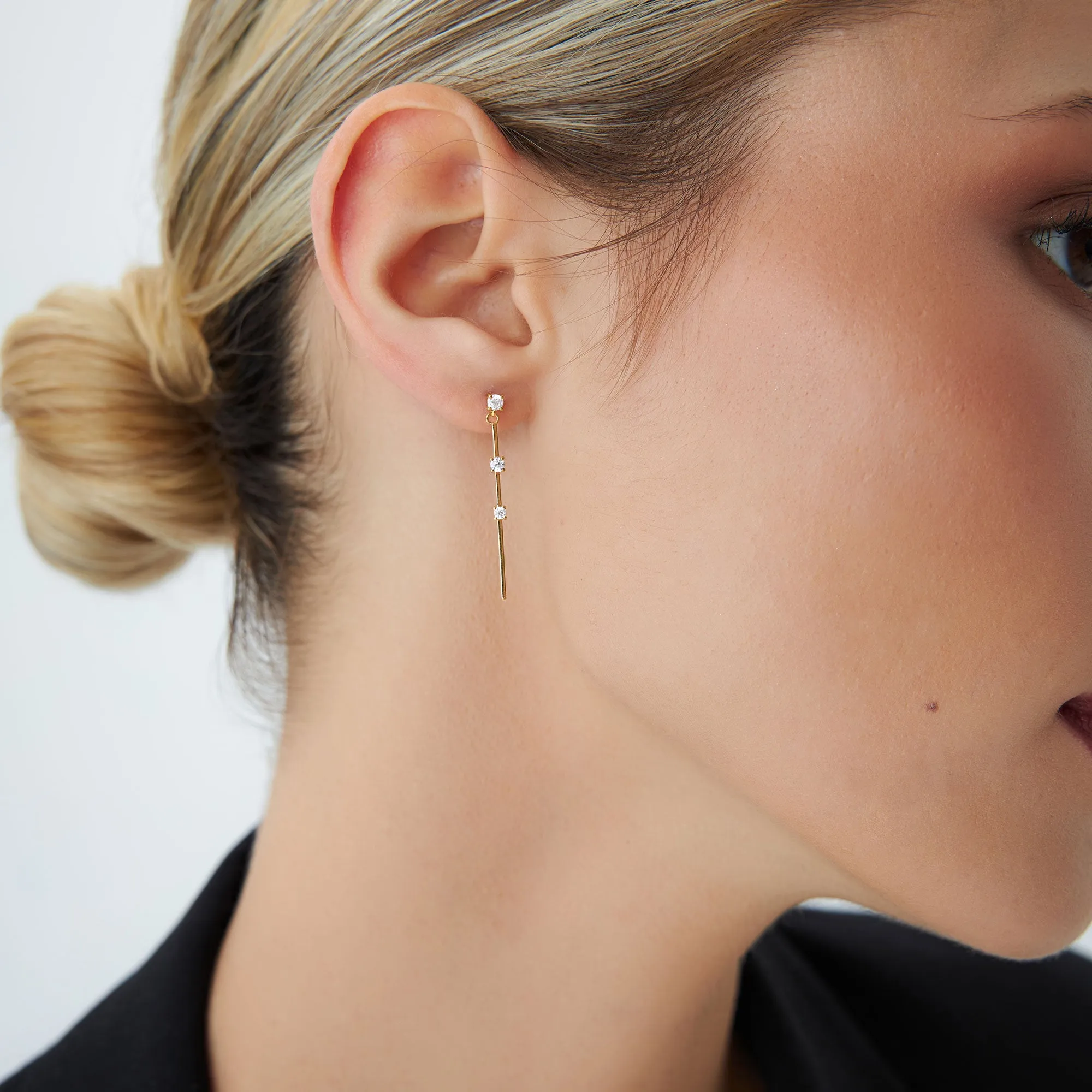 14K Linear Bar Triple Diamond Drop Earrings