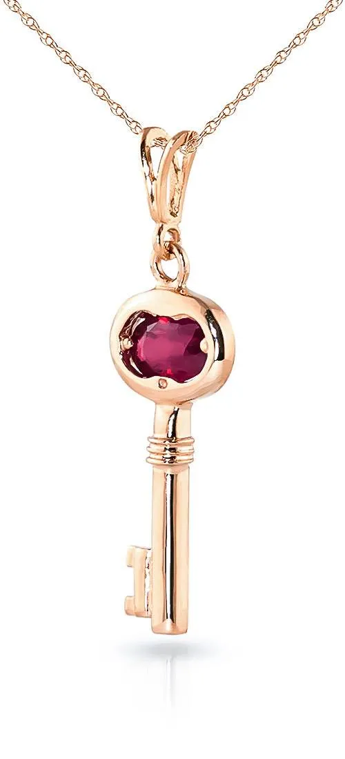 14K Solid Rose Gold Key Charm Necklace w/ Natural Ruby