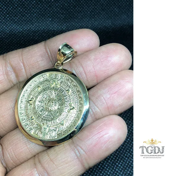 14k Solid Yellow Gold Aztec Calendar Pendant 36MM
