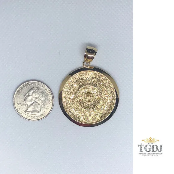 14k Solid Yellow Gold Aztec Calendar Pendant 36MM