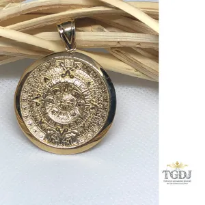 14k Solid Yellow Gold Aztec Calendar Pendant 36MM