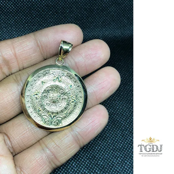 14k Solid Yellow Gold Aztec Calendar Pendant 36MM