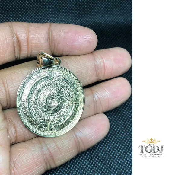 14k Solid Yellow Gold Aztec Calendar Pendant 36MM
