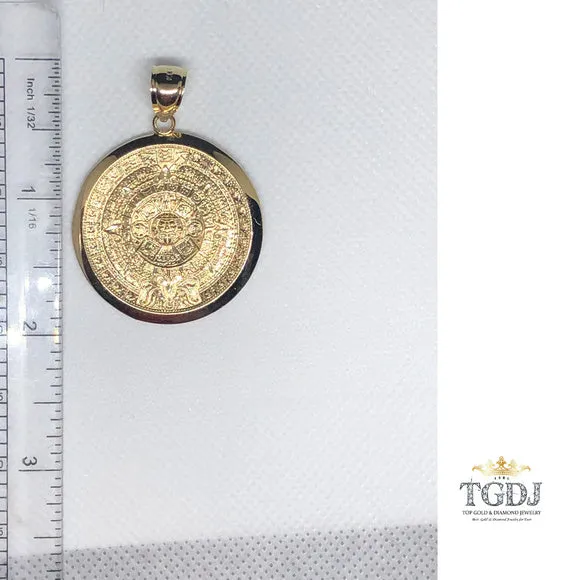 14k Solid Yellow Gold Aztec Calendar Pendant 36MM