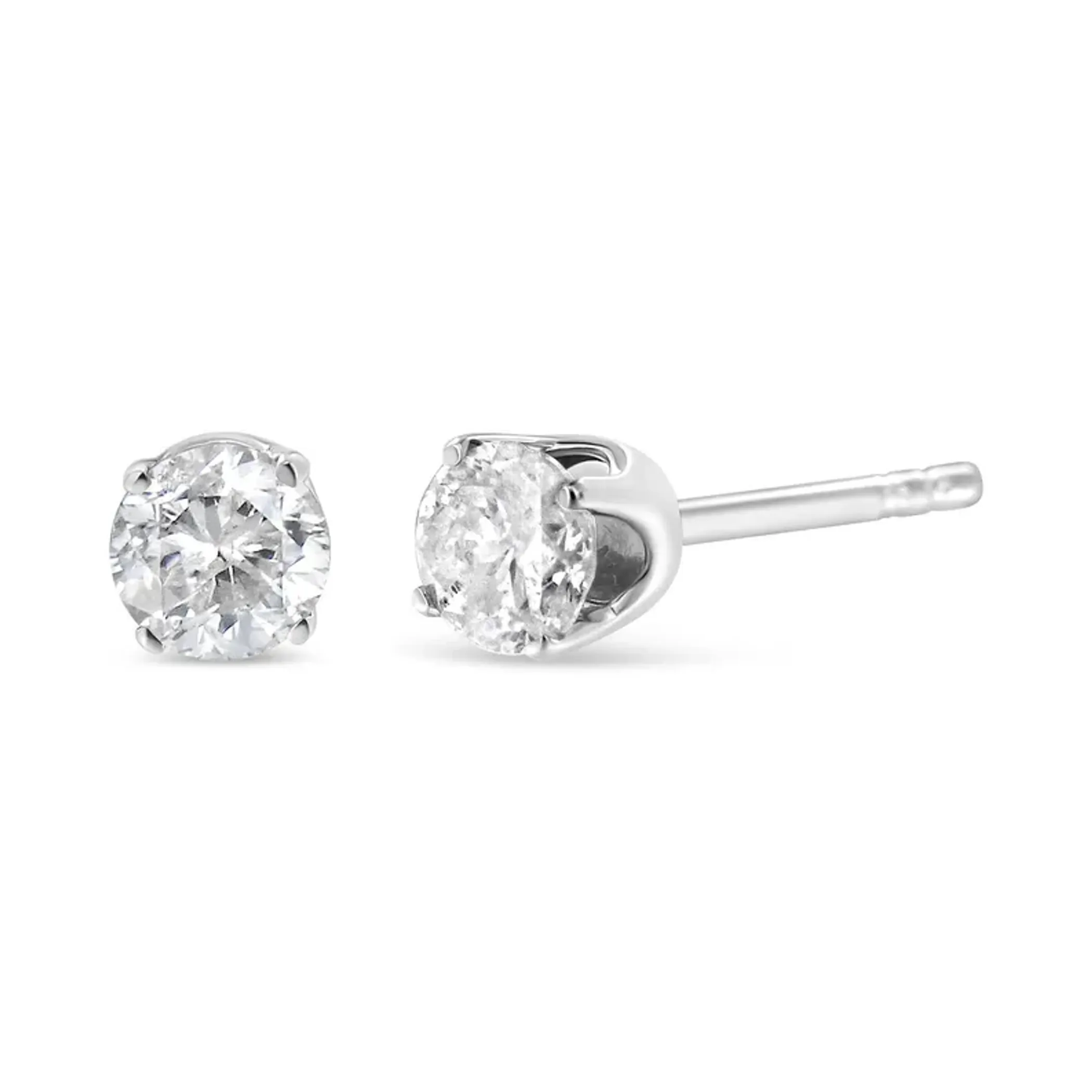 14K White Gold 1/10 Cttw Round Brilliant-Cut Near Colorless Diamond Classic 4-Prong Stud Earrings (H-I Color, I1-I2 Clarity)