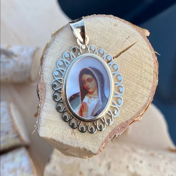 14K Yellow Gold Guadalupe Enamel Picture Religious Pendant