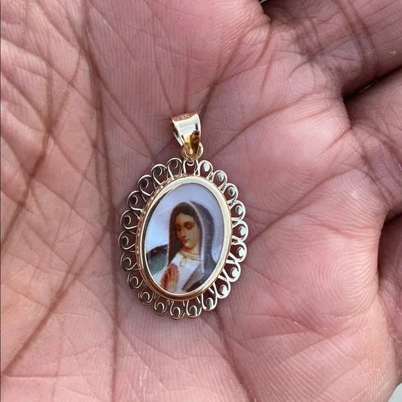 14K Yellow Gold Guadalupe Enamel Picture Religious Pendant
