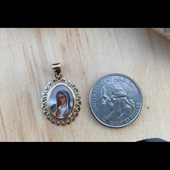 14K Yellow Gold Guadalupe Enamel Picture Religious Pendant
