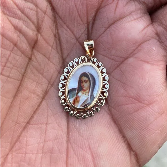 14K Yellow Gold Guadalupe Enamel Picture Religious Pendant