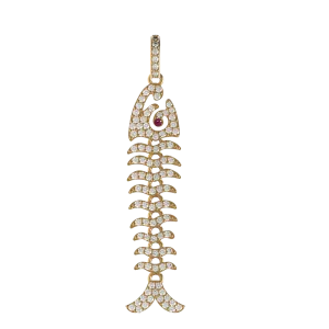 14k Yellow Gold Natural Pave Diamond Ruby Fish Skeleton Charm Pendant Jewelry