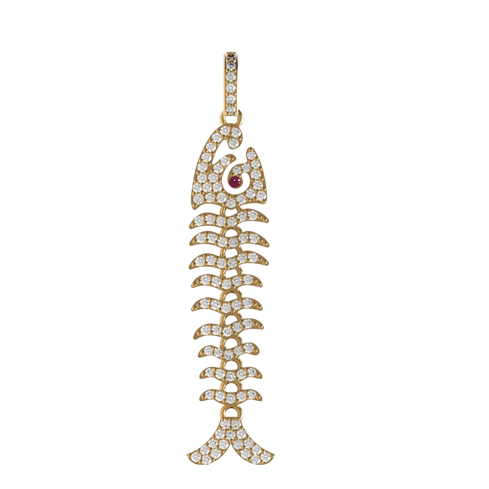 14k Yellow Gold Natural Pave Diamond Ruby Fish Skeleton Charm Pendant Jewelry