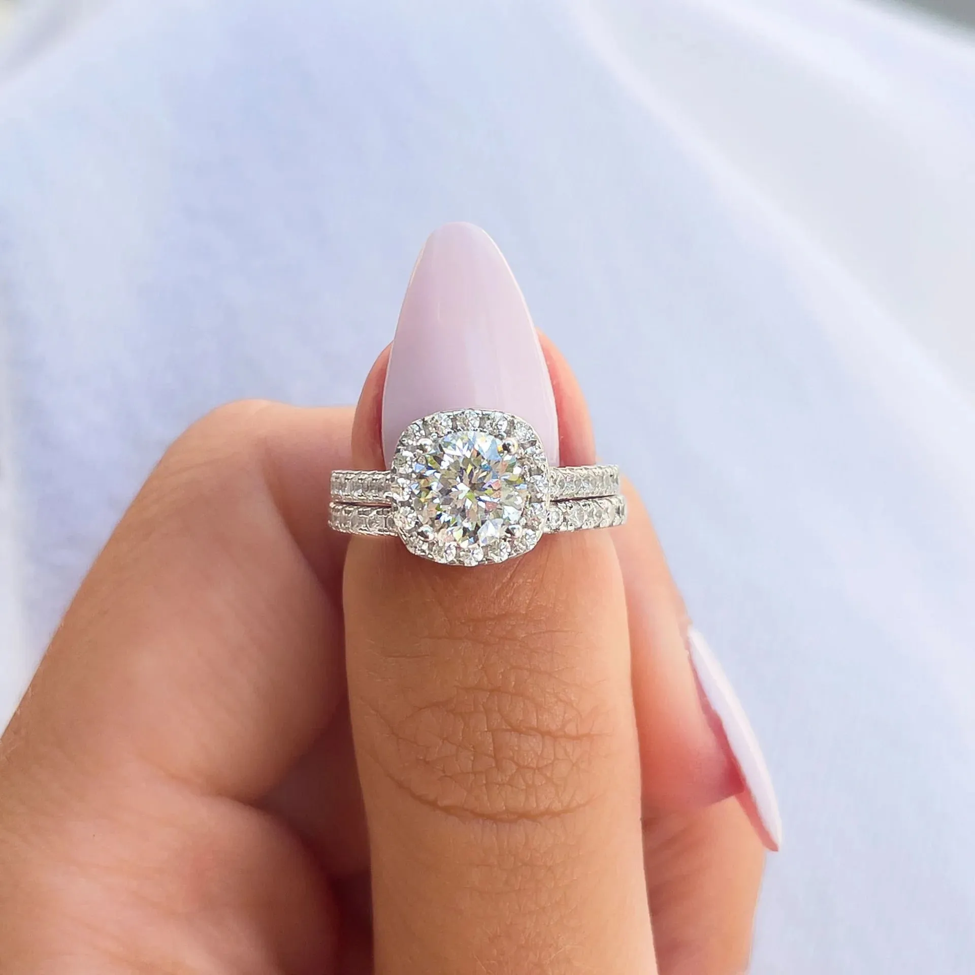 1.5 Carat Round Cushion Halo Engagement & Wedding Bridal Set Rings