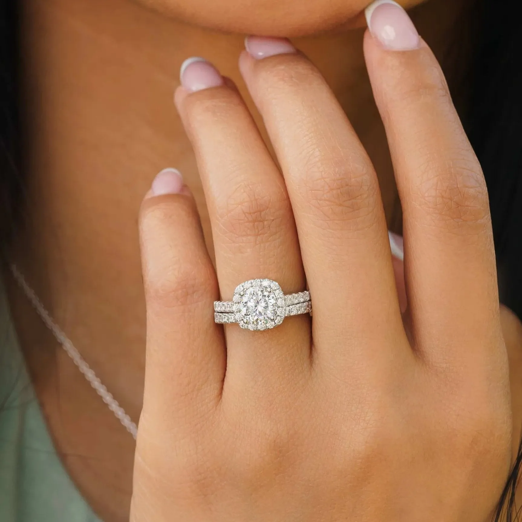 1.5 Carat Round Cushion Halo Engagement & Wedding Bridal Set Rings