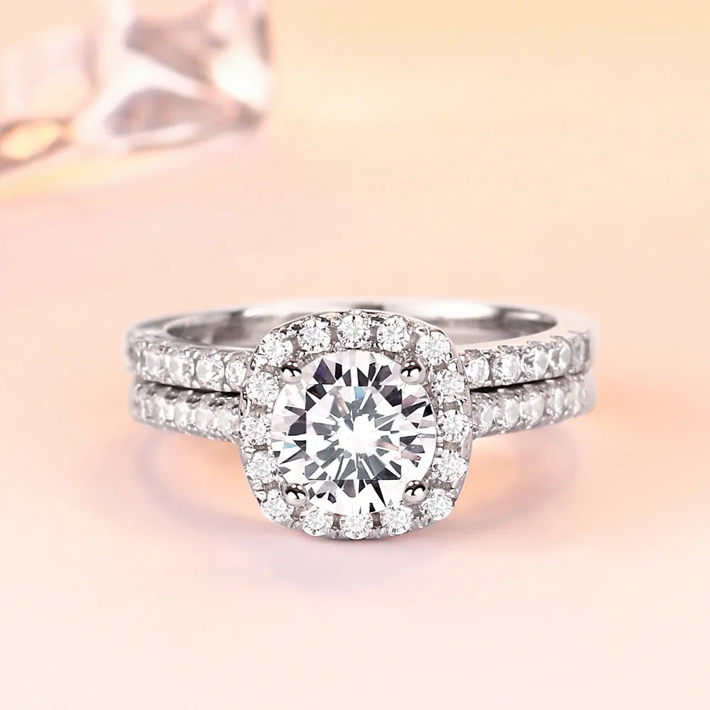 1.5 Carat Round Cushion Halo Engagement & Wedding Bridal Set Rings