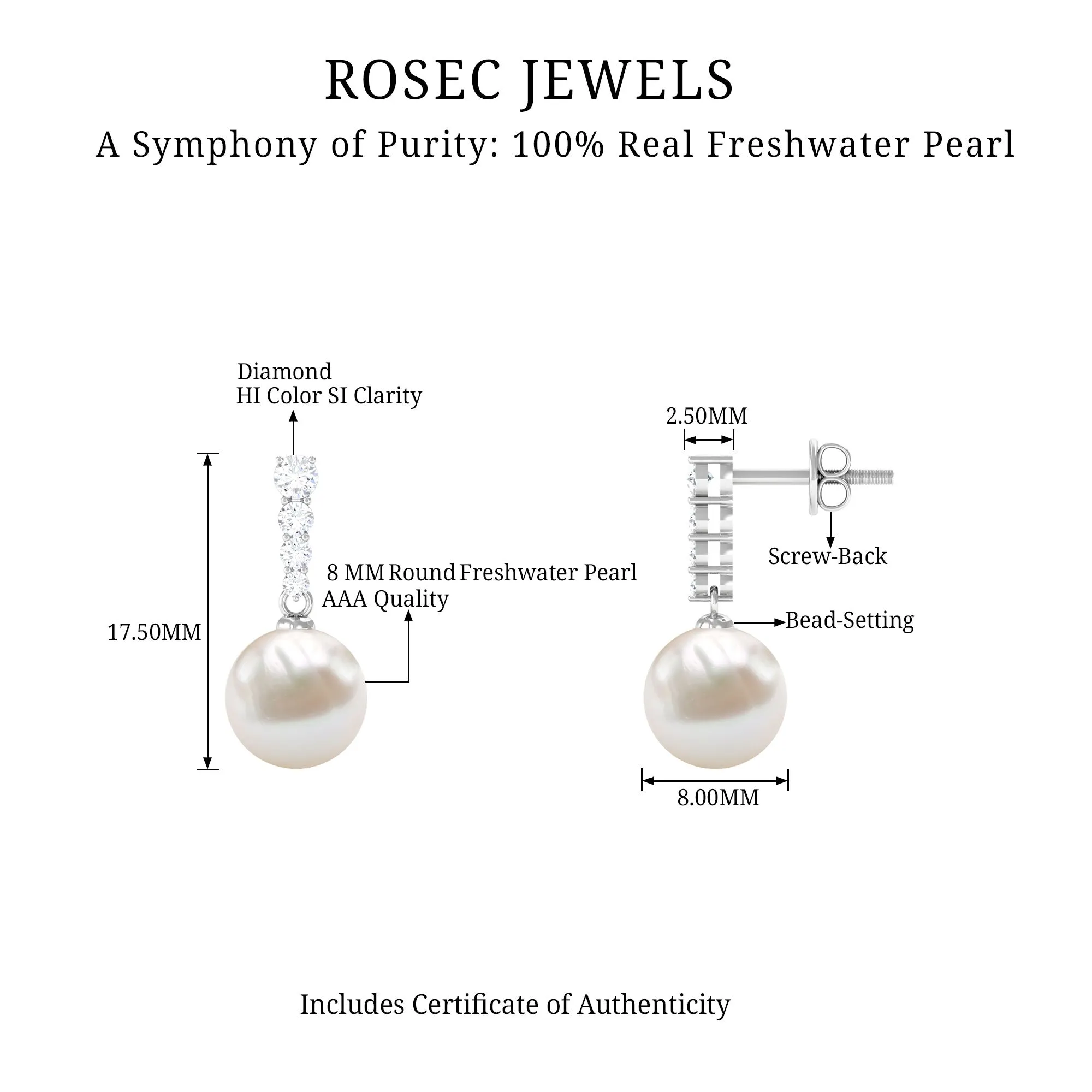 15.25 CT Freshwater Pearl Simple Drop Earrings with Diamond