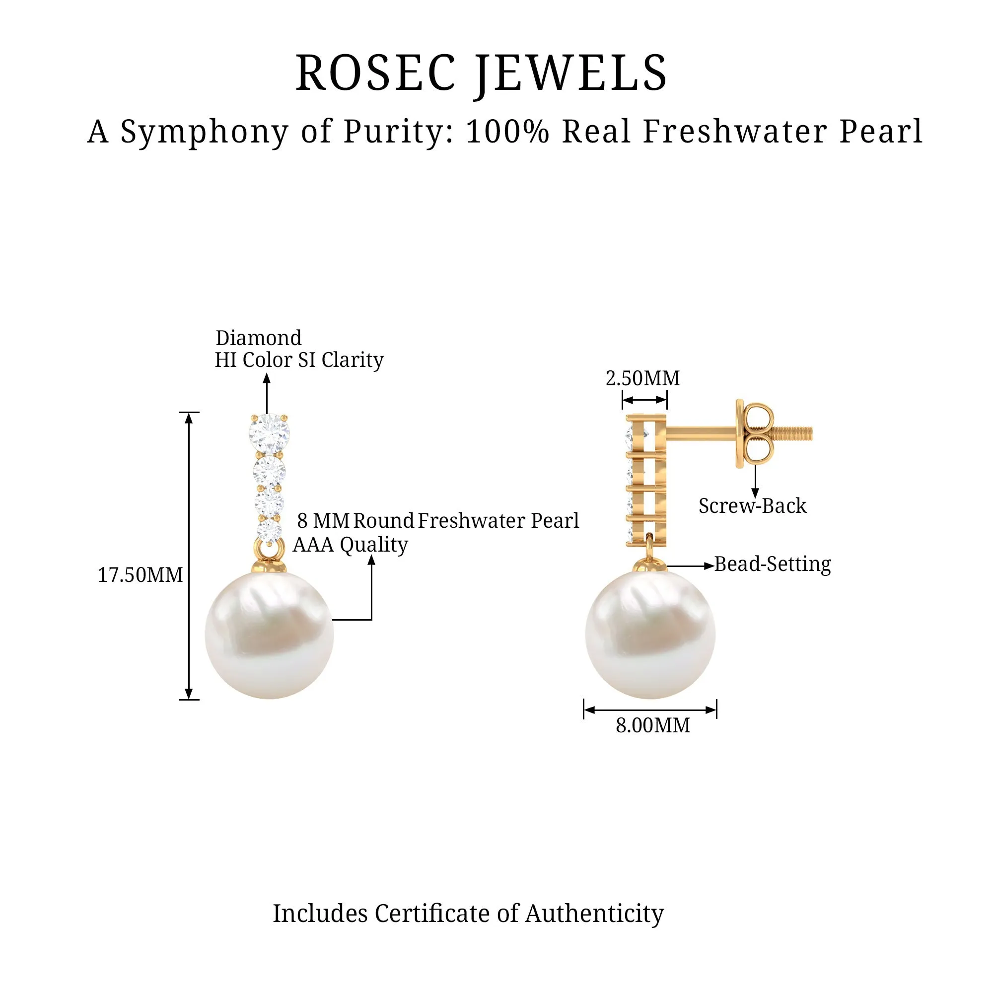 15.25 CT Freshwater Pearl Simple Drop Earrings with Diamond