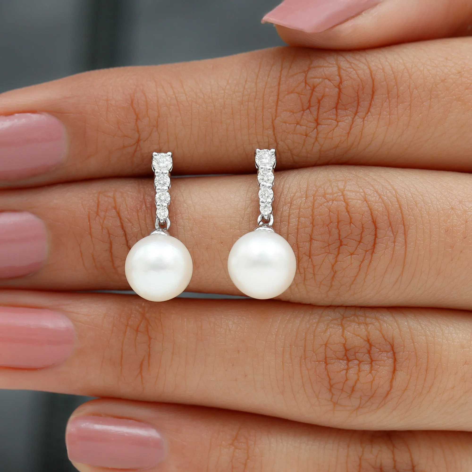 15.25 CT Freshwater Pearl Simple Drop Earrings with Diamond