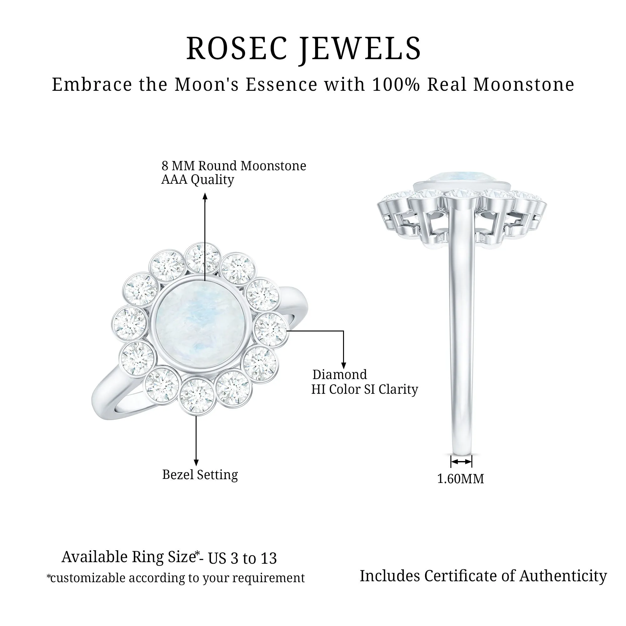 1.75 CT Round Moonstone and Diamond Statement Halo Ring in Bezel Setting