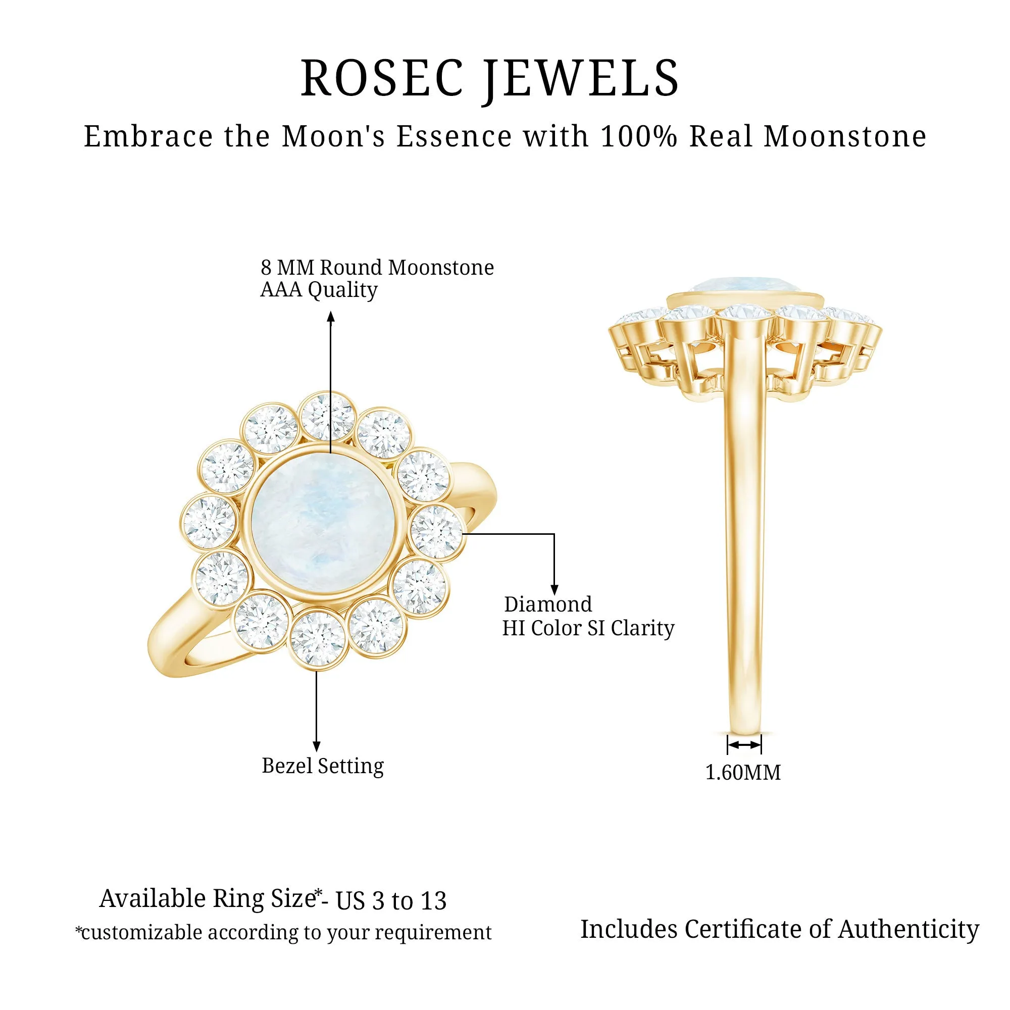 1.75 CT Round Moonstone and Diamond Statement Halo Ring in Bezel Setting