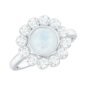1.75 CT Round Moonstone and Diamond Statement Halo Ring in Bezel Setting