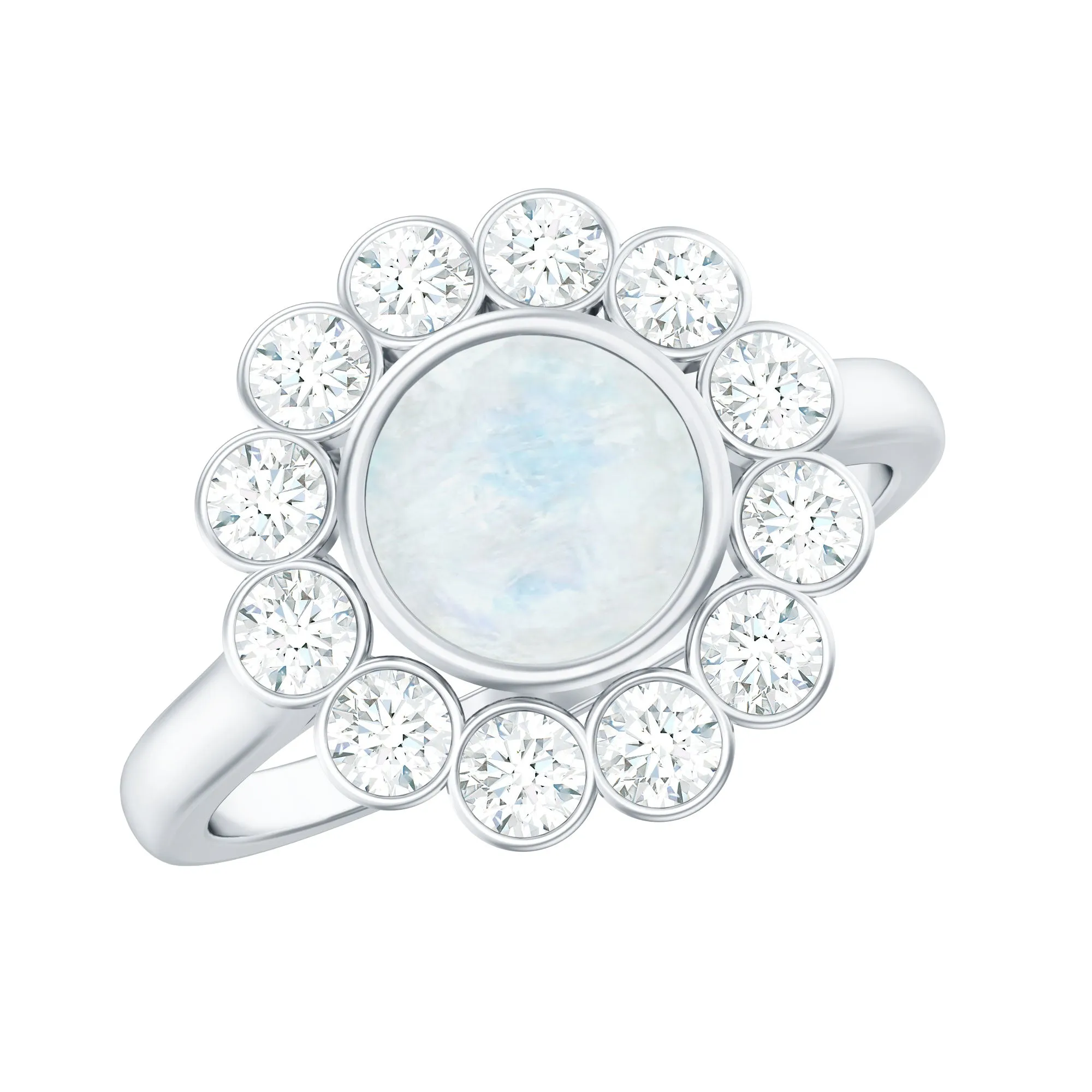1.75 CT Round Moonstone and Diamond Statement Halo Ring in Bezel Setting