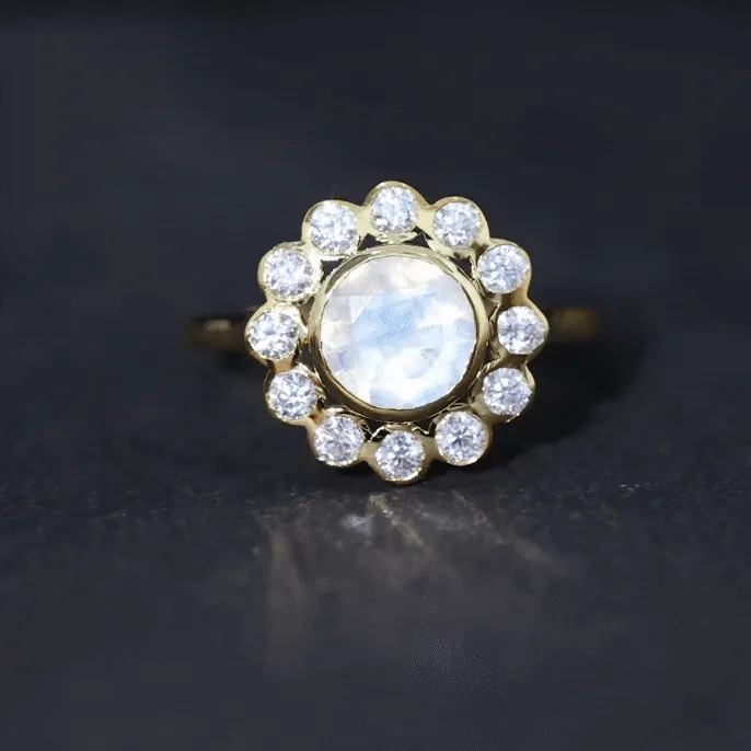 1.75 CT Round Moonstone and Diamond Statement Halo Ring in Bezel Setting