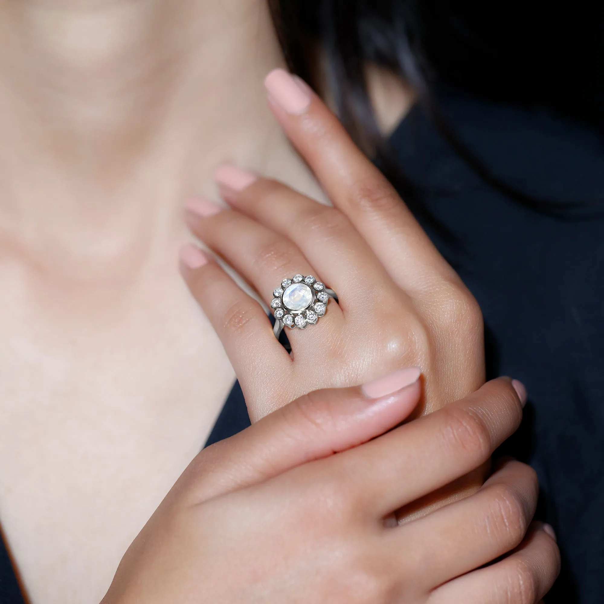 1.75 CT Round Moonstone and Diamond Statement Halo Ring in Bezel Setting
