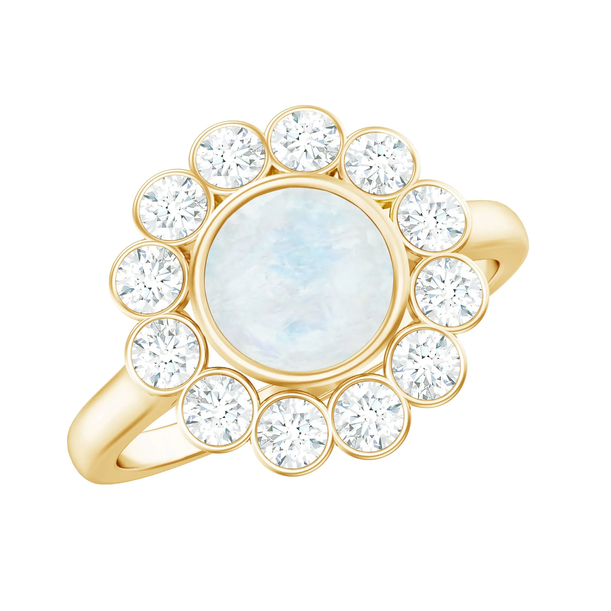 1.75 CT Round Moonstone and Diamond Statement Halo Ring in Bezel Setting