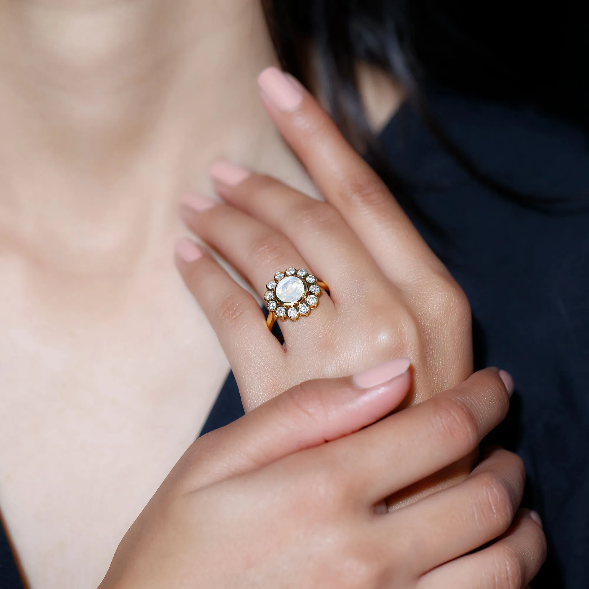 1.75 CT Round Moonstone and Diamond Statement Halo Ring in Bezel Setting