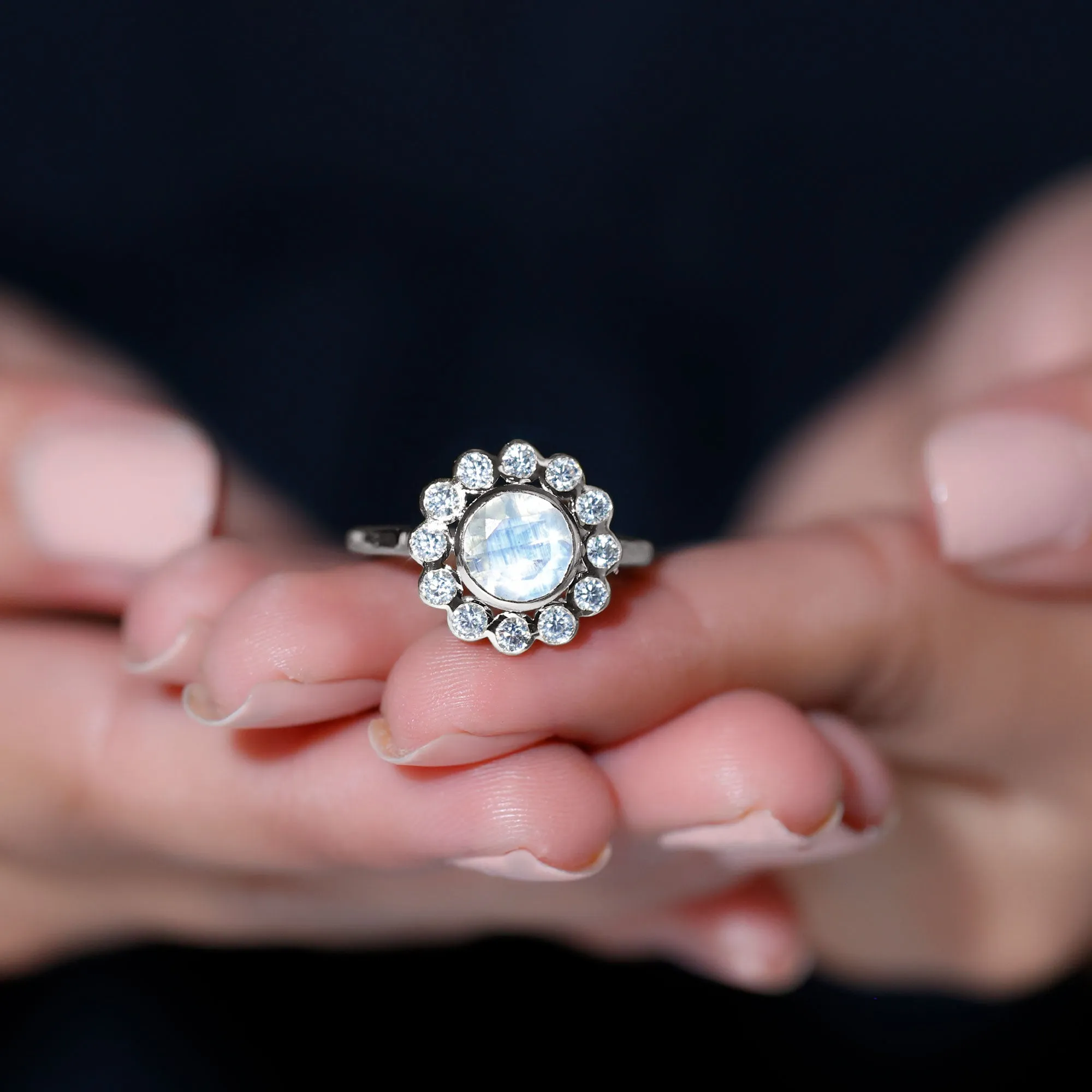 1.75 CT Round Moonstone and Diamond Statement Halo Ring in Bezel Setting