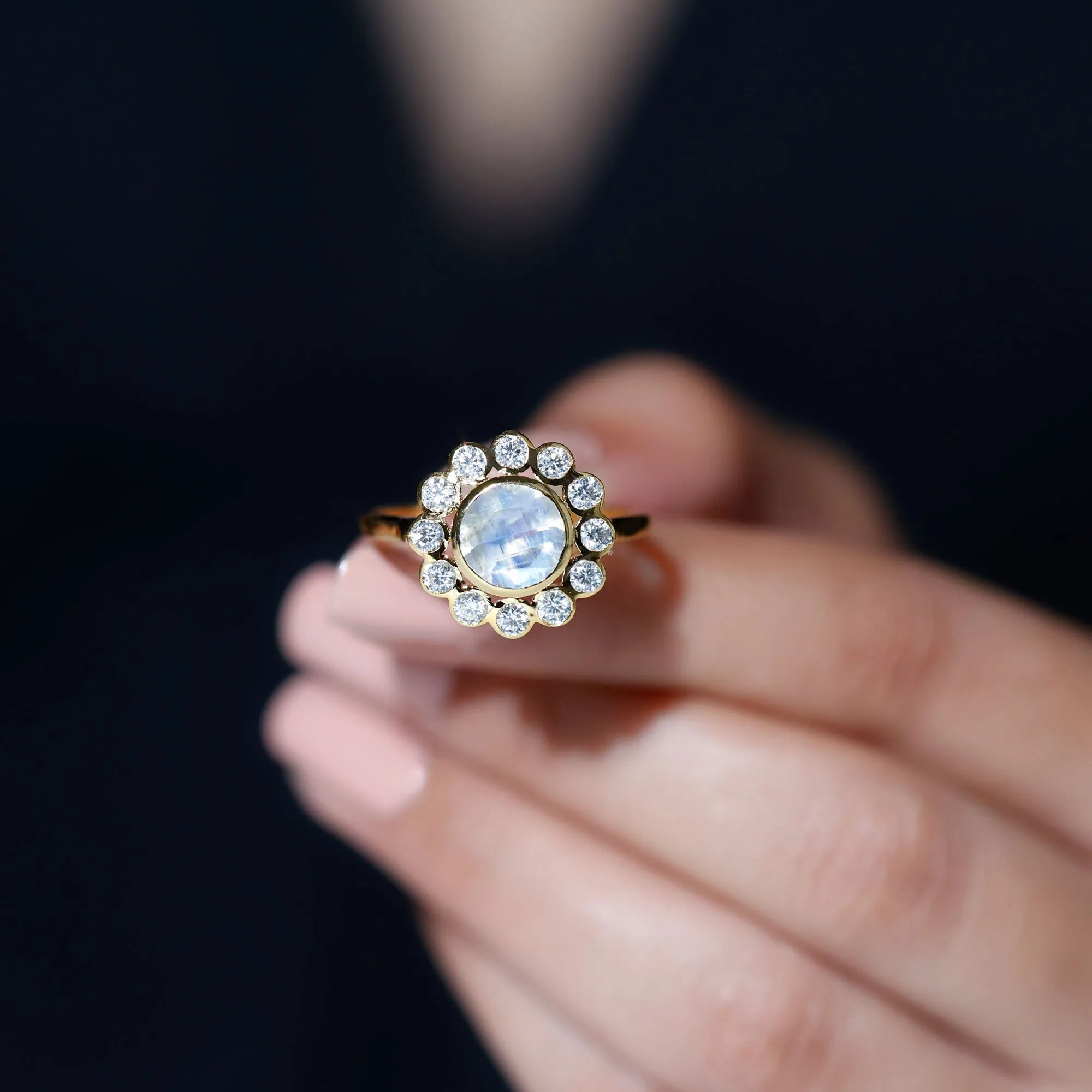 1.75 CT Round Moonstone and Diamond Statement Halo Ring in Bezel Setting