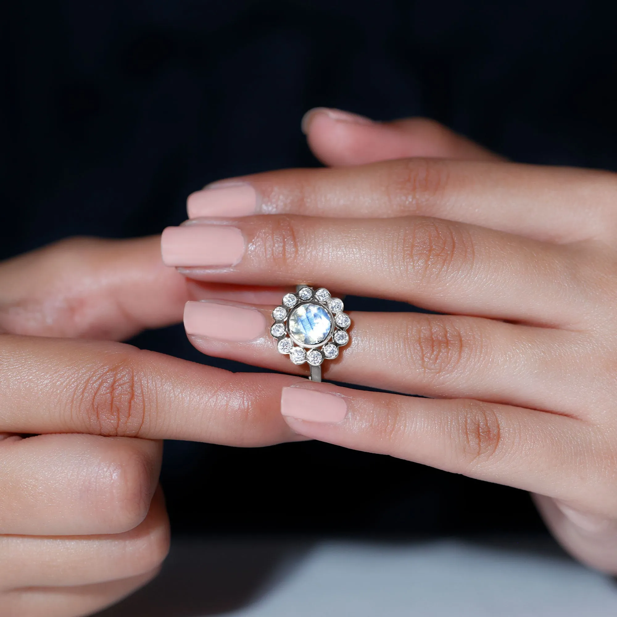 1.75 CT Round Moonstone and Diamond Statement Halo Ring in Bezel Setting