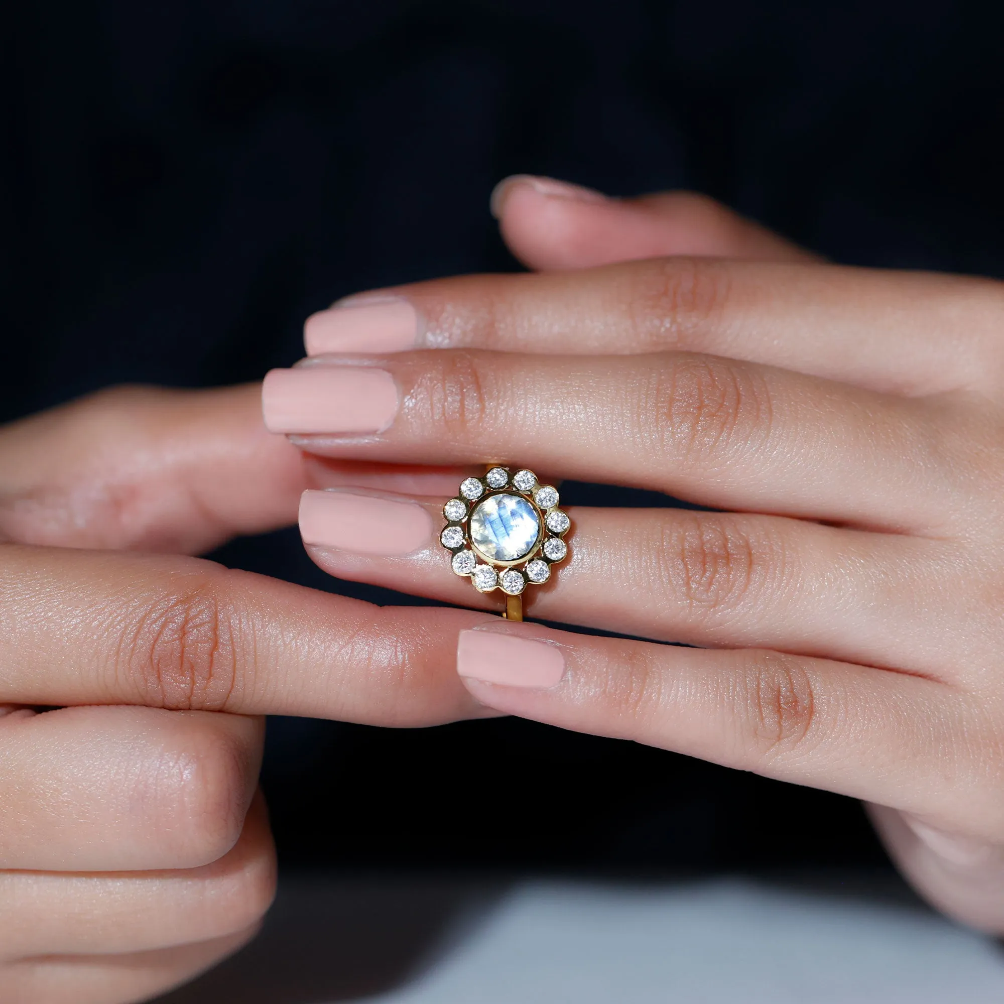 1.75 CT Round Moonstone and Diamond Statement Halo Ring in Bezel Setting